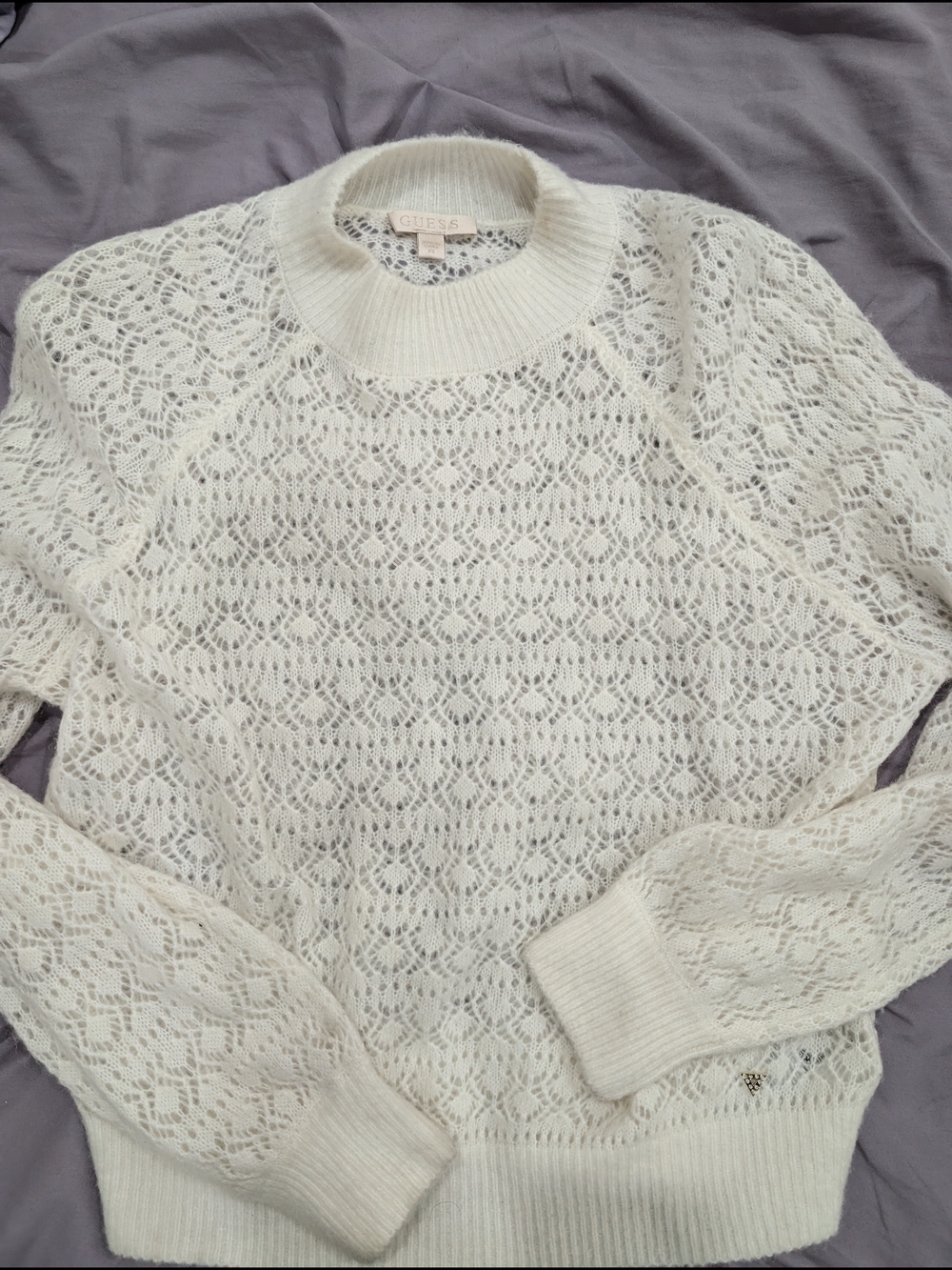 Guess Cream Lace-Knit Crewneck Sweater